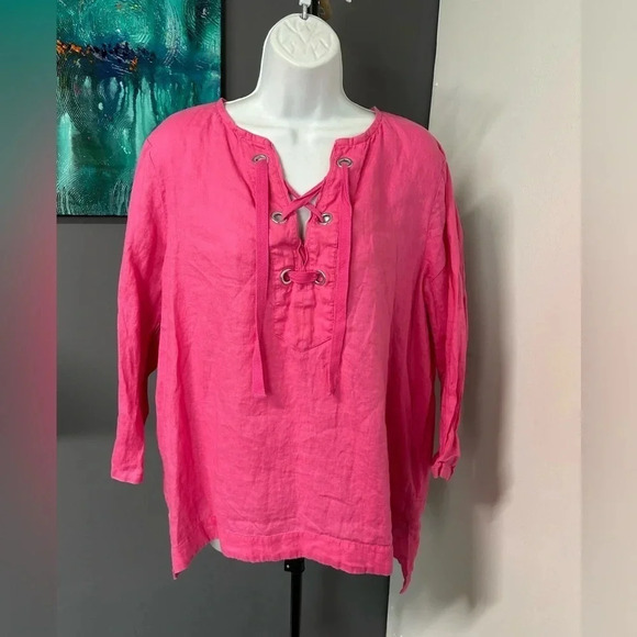 Rafaella Pink Linen Lace Up Neckline Tunic Top‎ Coastal Beachy Travel Breathable - Picture 1 of 10